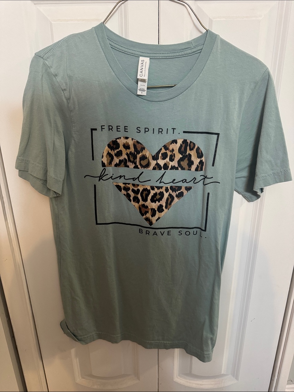 Bella Canvas Sage Green Short Sleeve Tee with Leopard Heart Graphic